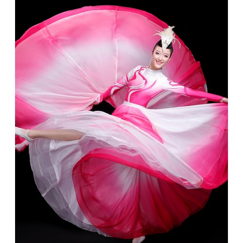 Women Blue red pink gradient Flamenco Dance Dress Choir Singers Stage Performance Costumes Paso Double Bull dance Skirts Chinese folk Dance Dresses